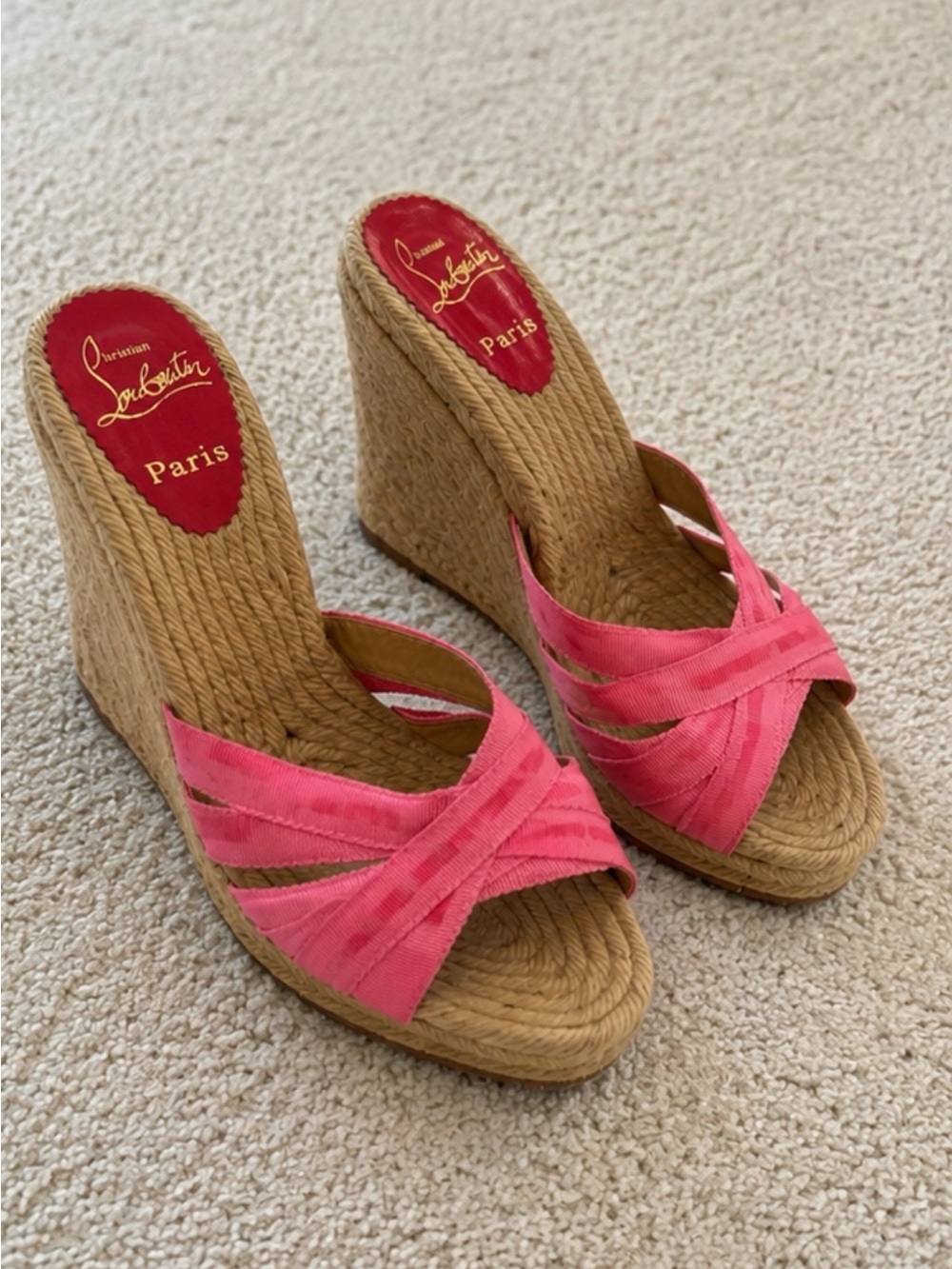 Christian Louboutin Coral-Pink Woven Espadrille Wedge Sandals
